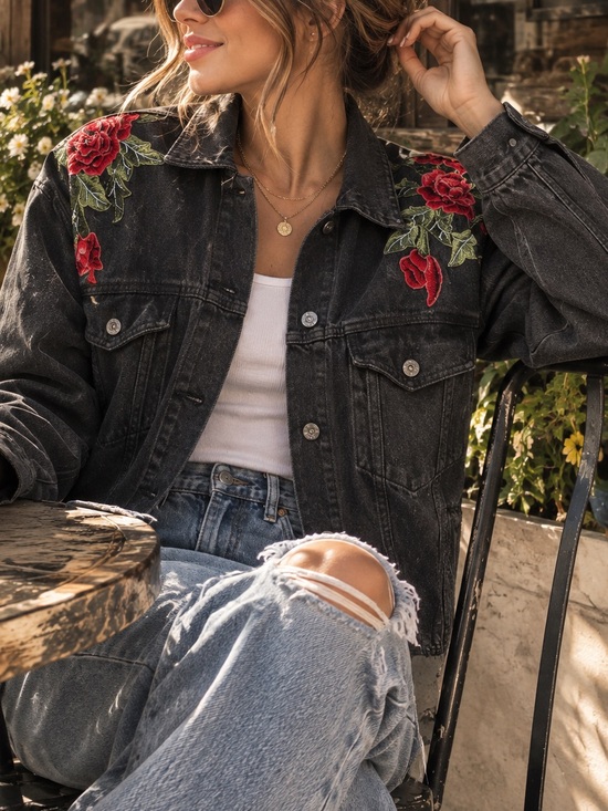 Carmar Jackets & Blazers - Carmar Black Denim Jacket with Red Rose Embroidery Size M